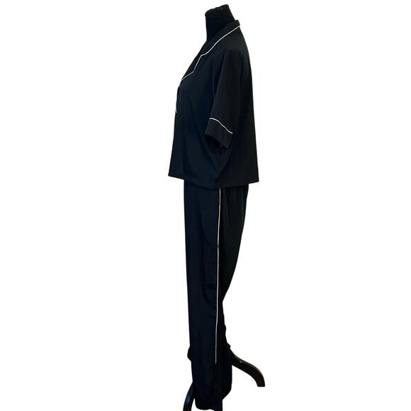 Jason Wu Black Pajama Set Women’s L Short Sleeve Button Top Pants White Piping - Picture 3 of 12